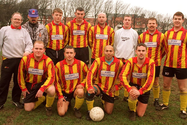 Sunday League match between the Wheatsheaf Hotel and Layton, at Claremont Park in 1996. Pic shows Wheatsheaf team. Front L-R: Pete Donnelly, Clive Tanser, Suresh Palmar and Paul Horn. Back: Alan Fisher (assis. man.), Barrie Brown (man.), Paul Oldham, Gordon Mason (cap.), Dave Sharman, Lee Catlow, Shaun Burton and Dave Meehan