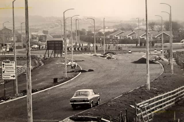 Norcross Roundabout looking east to Amounderness Way as it cuts its way through the fields to Skippool, 1978