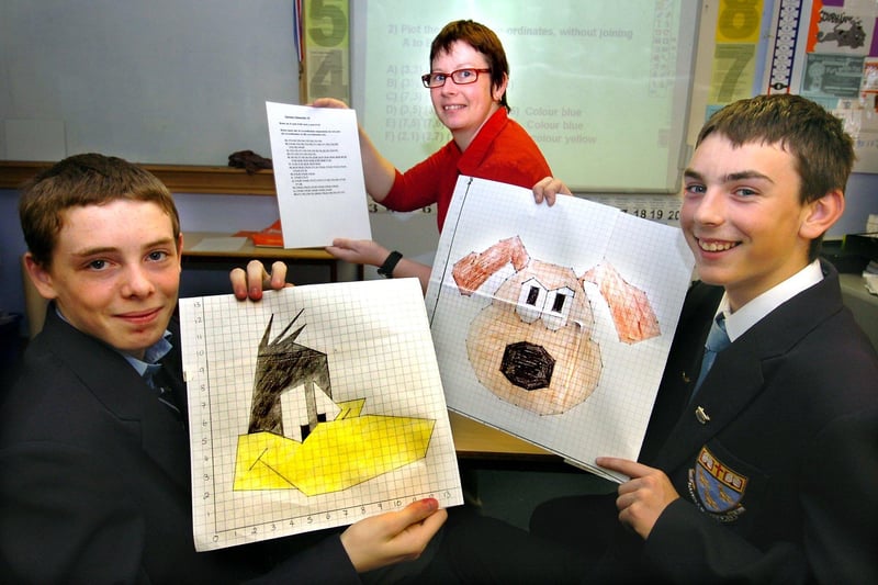 Maths teacher Johanna Radcliffe with prefect Ricky Wilcock (left) and deputy head boy Adam Dennehy, and some co-ordinates cartoon characters, at Collegiate High School
