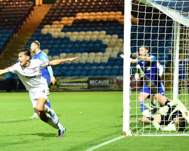 Taelor O'Kane equalises in stoppage time for AFC Fylde at FC Halifax Town  Photo: STEVE MCLELLAN