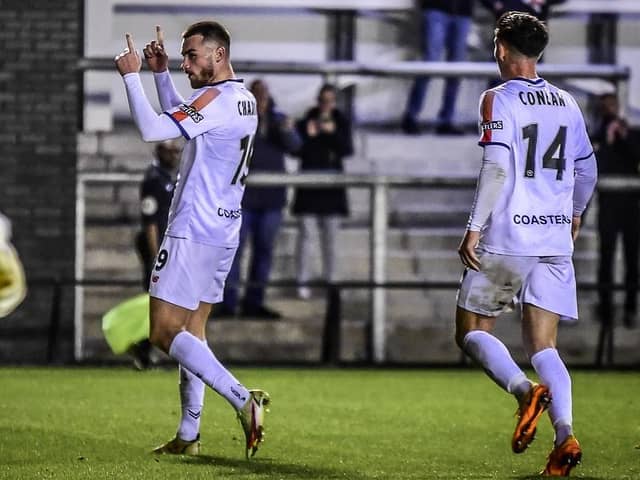 Luke Charman celebrates scoring for AFC Fylde on Tuesday Picture: Steve McLellan