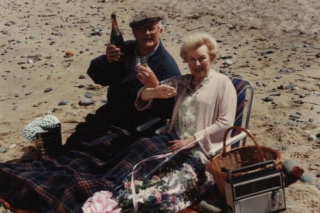 Edward and June Whitfield while filming Common As Muck on Fleetwood Beach