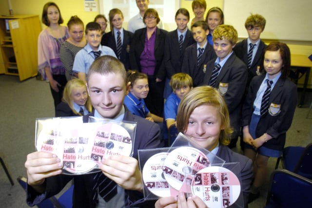 Jake Clarke and Ross Thompson (front) with participants in the Hate Hurts disability hate crime course launch at Collegiate high School
