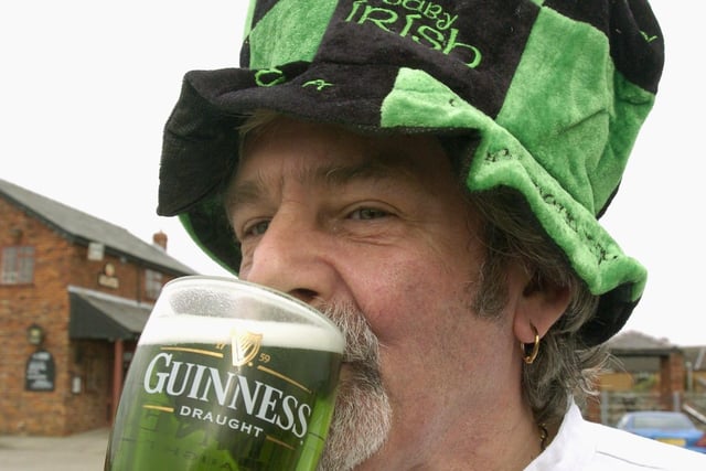 Peter Clempner who was the chef at the The Plough in Staining, tries a pint of the new green lager - in a Guiness glass - on St Patrick's Day 2006