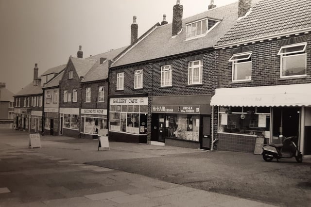 Harrowside shopping area in 1989. Ocean Fresh chippy, Hi-Hair Design, Gallery Cafe and Second to None can be seen