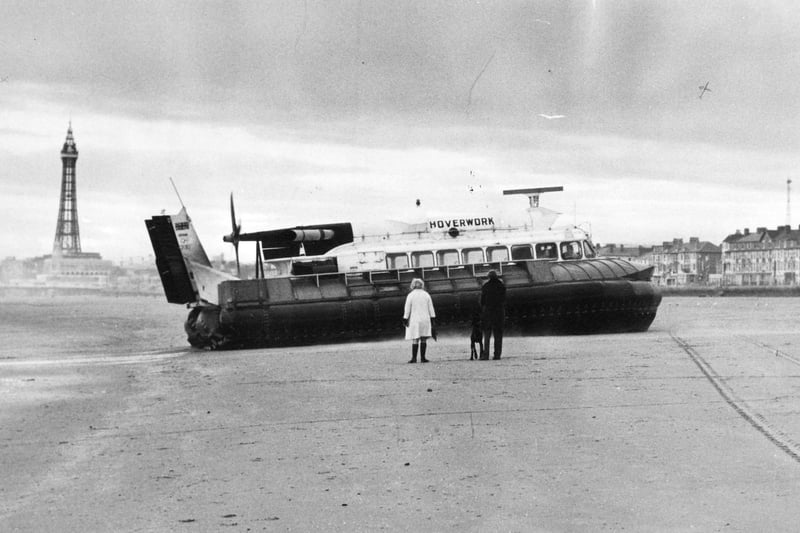 The SRN 6 Hovercraft arrives on Blackpool Beach to pick up councillors and officials for a demonstration run along the Blackpool sea-shore, September 1974