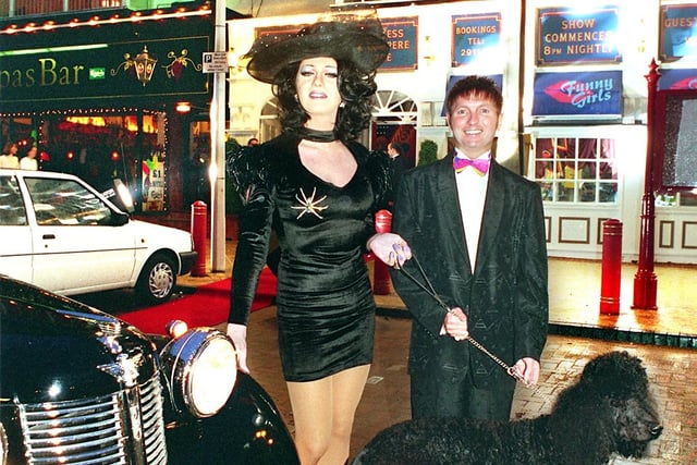 Funny Girls DJ Zoe pictured with Basil Newby, after arriving in a mint 1945 Austin, 1998
