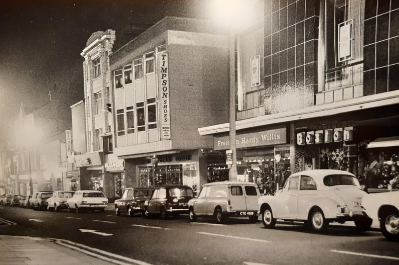 A night scene of central Blackpool. Shopkeepers had put all display lights in their windows to support an electricity saving appeal in December 1970