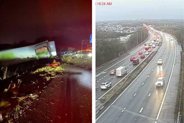 Left: a lorry overturned on the M6 at Juncton 34. Right: Traffic on the M61 leading up to junction 9. Both areas