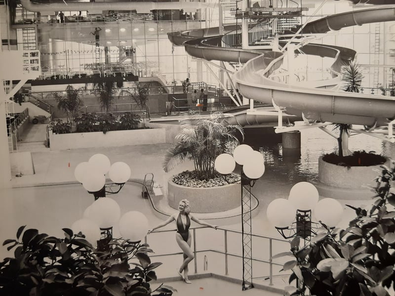 The original slides rolling above where the Lazy River is today