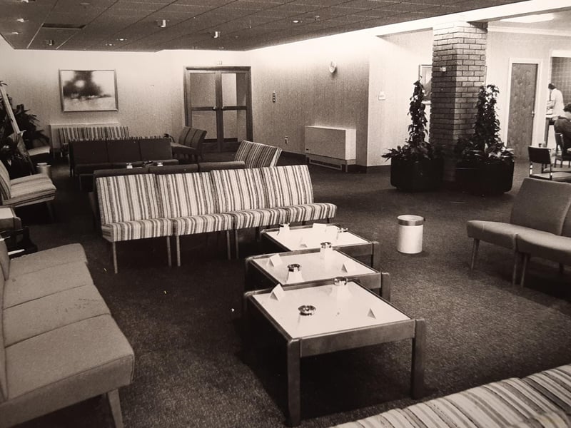 The staff lounge at Marks and Spencer in 1980. The caption on the back says it had a 'restful atmosphere'
