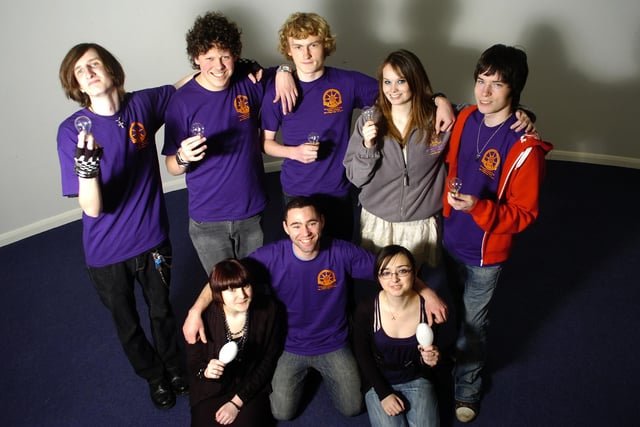 Blackpool and the Fylde College took part in Earth Hour by switching off lights. Pictured with light bulbs are students (back left to right) Chris Roberts, Kieran O'Doherty, Robert Wood, Jessica Kearns, and Tyrone Wassell.  Front (left to right) Joanna Blagden, Marcus Harvey, and Jamie-Lee McMillan