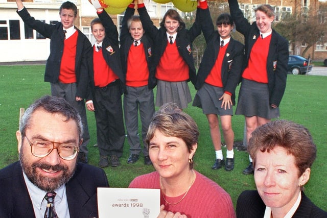 Alan Kent of Griffin and George presented some chemicals and equipment (to the value of £200), to head teacher Mrs Elizabeth Warner (right) at St. Georges High School, Blackpool. Also pictured is head of science Lesley McKenzie and pupils (from left), Jonathan Donnelly, Michael Davenport, Richard Teague, Michelle Mannion, Leanne Poole and Laura Wright, 1998