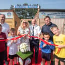 Fylde mayor Coun Cheryl Little officially opens Mayfield Primary School's new football stadium, with consort  Paul Little, accompanied by headteacher Glyn Denton, site supervisor Alan Smith and pupils.