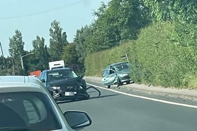 The scene of the crash involving two cars on Shard Road (A588) between Poulton and Hambleton this morning. Pic credit: Jordanna Louise