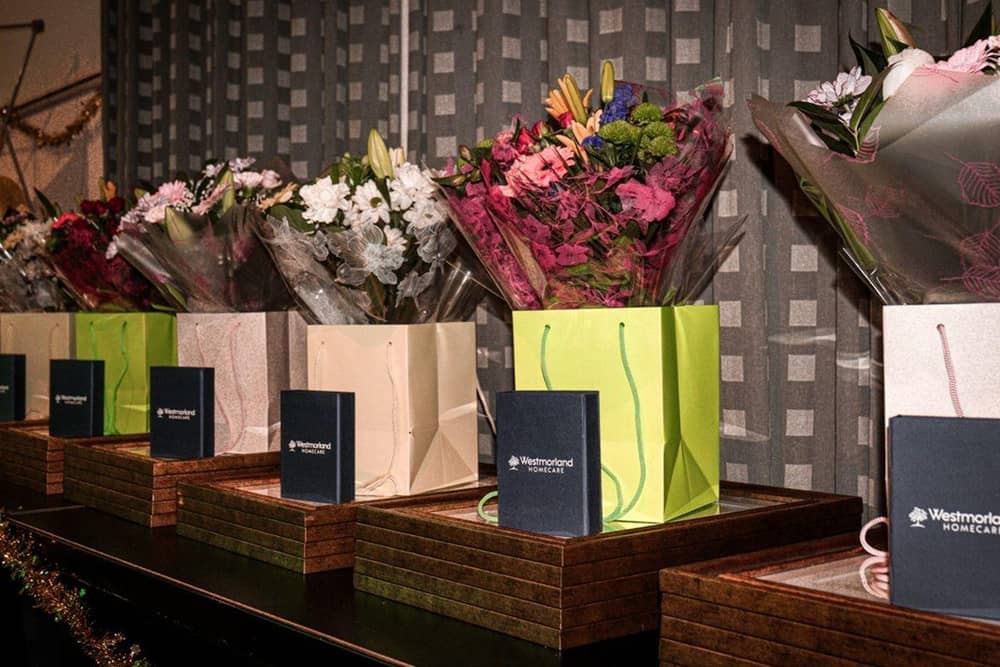 Bouquets of flowers ready to be presented to overall award winners
