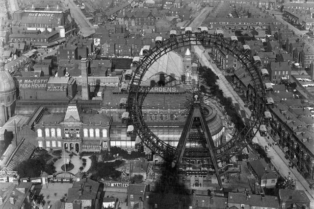 The Big Wheel, Blackpool, Lancashire, 1890-1910. A view over the rooftops looking down on the Winter Gardens and the Big Wheel. The Winter Gardens were built in the 1870s, providing indoor entertainment for the increasing number of tourists. (Photo by English Heritage/Heritage Images/Getty Images)