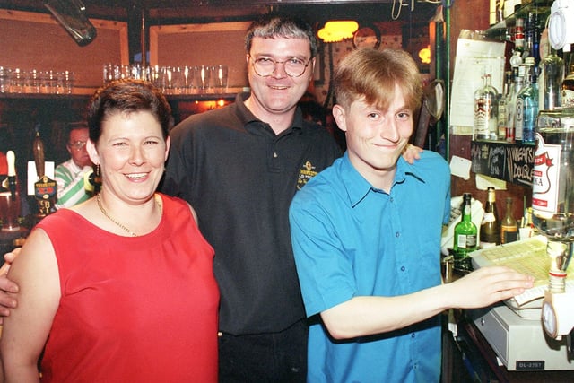 Wheatsheaf party night, 1999. Hardworking bar staff Roger Annesly, Paddy McPhee and Matthew Eastwood