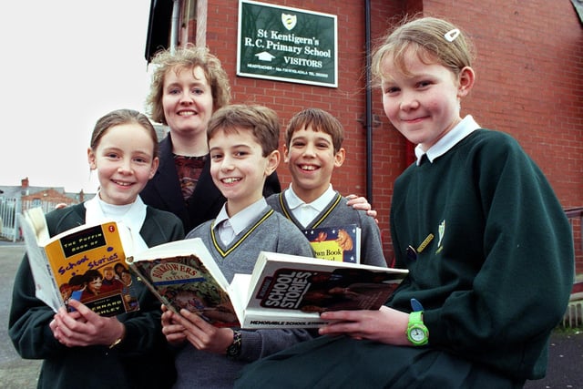 St Kentigern's headteacher Frances Wygladala with Catherine Haydon (head girl), Sean Wilson, Kyle Weaver and Katie Kennedy (chief librarian) in 1998