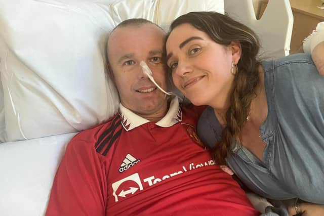 Lee Burns, 41, with his wife-to-be Sara Ann Smith by his side as he continues his recovery at Royal Preston Hospital
