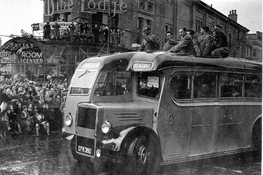 Despite losing the final, Blackpool FC players received a hero's welcome as they toured Blackpool and the Fylde in a Seagull coach, seen here by Yates's Wine Lodge as they approached  the Town Hall and Talbot Square for a Civic welcome in May 1951