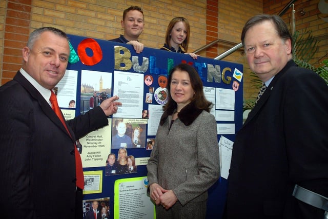 MP for Blackpool North and Fleetwood Joan Humble visited Bispham High School for an update on their anti-bullying campaign in 2007
Pictured are L-R: Deputy Head John Topping, anti-bullying pupil leaders Jacob Hill and Amy Fallon, Joan Humble and Lead Governor on Bullying Stephen Brookes MBE.