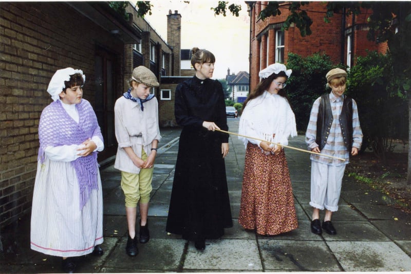 A walk in the school grounds in Victorian dress for actress Jodie Prenger with teacher Mrs Coyne and fellow pupils Claire Armstrong, Davina Clavering and Katie Thompson at Elmslie School