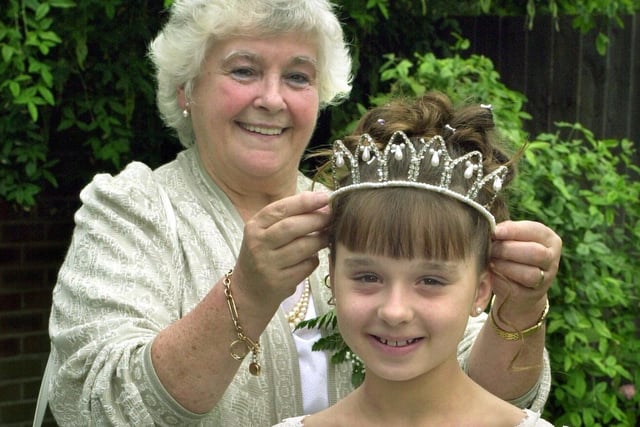Grange Park St Michaels and All Angels Church Rose Queen Amanda-Jay Morgan (aged 11) is crowned by Mrs Joan Downes, in 2000