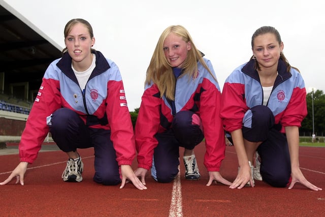 Under starters orders are (from left to right)18-year-old Kay Sheedy, 14-year-old Laura  Gillhespy, and 14-year-old Vicki Shier, at Stanley Park Athletics Arena. The girls represented Lancashire in the English Schools National Championships