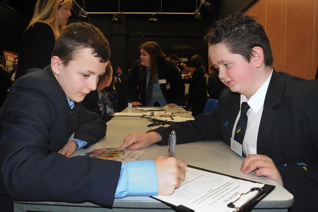 Pupils from Collegiate High and Bispham High Schools took part in a day of bonding exercises and classes prior to the two schools' merger. Aaron Parfitt from Bispham High (right) and Collegiate's Jacob Smith discuss the results of their Bushtucker Trial