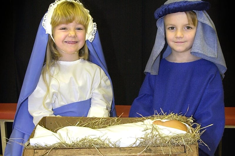Nativity at Roseacre Primary School, South Shore, 2001. Leah Matthews (5) and Kieran Hamer (4) as Joseph and Mary