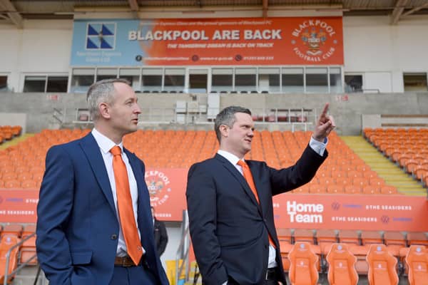 Neil Critchley pictured during with Ben Mansford during his unveiling in March 2020