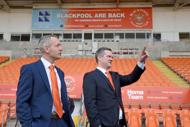 Neil Critchley pictured during with Ben Mansford during his unveiling in March 2020
