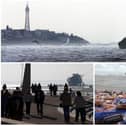 This picture montage shows the Riverdance photographed in the shadows of the Blackpool coastline, some of the thousands of people who visited Cleveleys to see the stricken ship and packets of chocolate biscuits washed ashore with other lost cargo