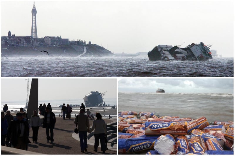 This picture montage shows the Riverdance photographed in the shadows of the Blackpool coastline, some of the thousands of people who visited Cleveleys to see the stricken ship and packets of chocolate biscuits washed ashore with other lost cargo