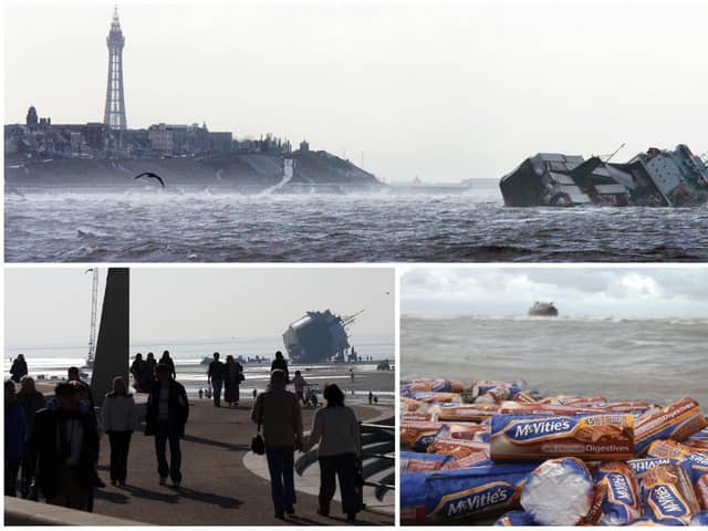This picture montage shows the Riverdance photographed in the shadows of the Blackpool coastline, some of the thousands of people who visited Cleveleys to see the stricken ship and packets of chocolate biscuits washed ashore with other lost cargo