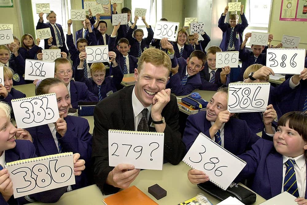 Head Teacher Phil Wood nearly got the right answer on his "show me" board! Pictured with year seven pupils at Hodgson in 2001