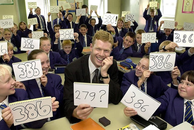 Head Teacher Phil Wood nearly got the right answer on his "show me" board! Pictured with year seven pupils at Hodgson in 2001