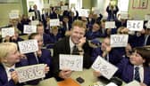 Head Teacher Phil Wood nearly got the right answer on his "show me" board! Pictured with year seven pupils at Hodgson in 2001