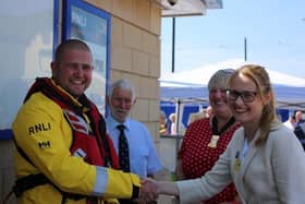 Fleetwood RNLI coxswain Daryl Randles with Fleetwood Town Council chairman, Coun Cheryl Raynor (centre) and Fleetwood MP Cat Smith, during Fleetwood Lifeboat Day