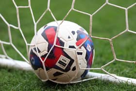 STOKE ON TRENT, ENGLAND - APRIL 29: The Sky Bet Championship match ball is seen in the goal prior to the Sky Bet Championship between Stoke City and Queens Park Rangers at Bet365 Stadium on April 29, 2023 in Stoke on Trent, England. (Photo by Nathan Stirk/Getty Images)