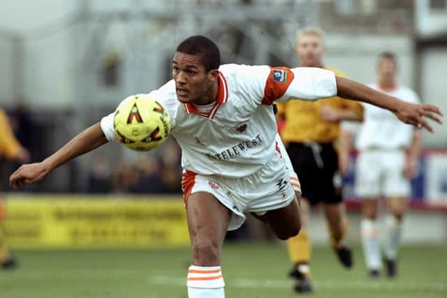 19 Feb 2000:   Clarke Carlisle of Blackpool during the Nationwide League Division Two game between Cambridge United and Blackpool at the Abbey Stadium in Cambridge, England. The match finished 0-2 to Blackpool. \ Photo by Mike Finn Kelsey. \ Mandatory Credit: AllsportUK  /Allsport