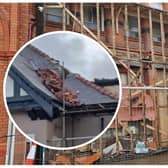 Damage to Blackpool Tower Dungeon and inset: Roof blows off on Ma Kellys Showboat during Storm Debi