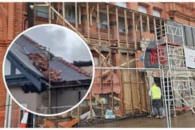 Damage to Blackpool Tower Dungeon and inset: Roof blows off on Ma Kellys Showboat during Storm Debi