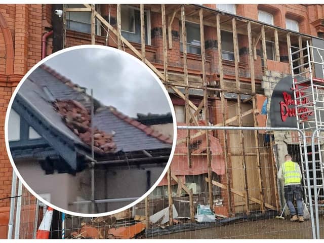 Damage to Blackpool Tower Dungeon and inset: Roof blows off on Ma Kellys Showboat during Storm Debi