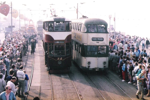 Crowds greeting Blackpool trams in 1985