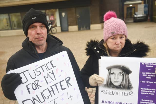 Family and friends of Sasha Marsden demonstrate in St John's Square on the 10 year anniverasry of her murder.  Pictured is her father Gary Marsden and mother Jayne Marsden.