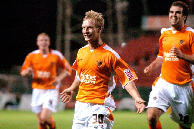 Simon Gillett celebrates scoring for Blackpool in a clash with Chesterfield. His last club was Peterborough United