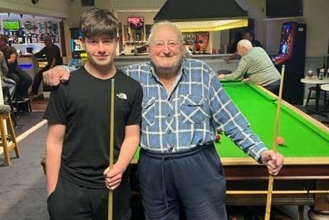 Friendly snooker rivals Charlie Mayfield, aged 15, and Brian Oldham, 85