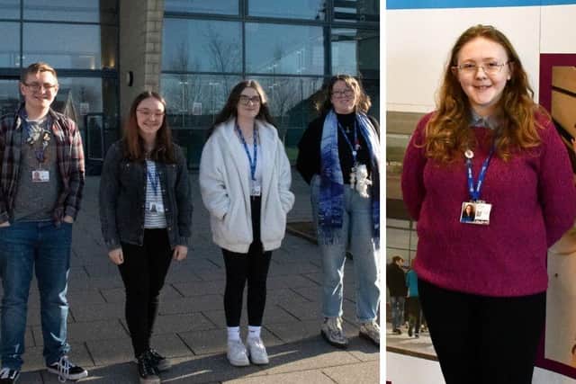 Blackpool Sixth students celebrating Oxbridge offers pictured left to right: Ben Smith, Amy Dunn, Sarah Grogan, and Megan Johnstone, and far right picture: Ashleigh Hamilton